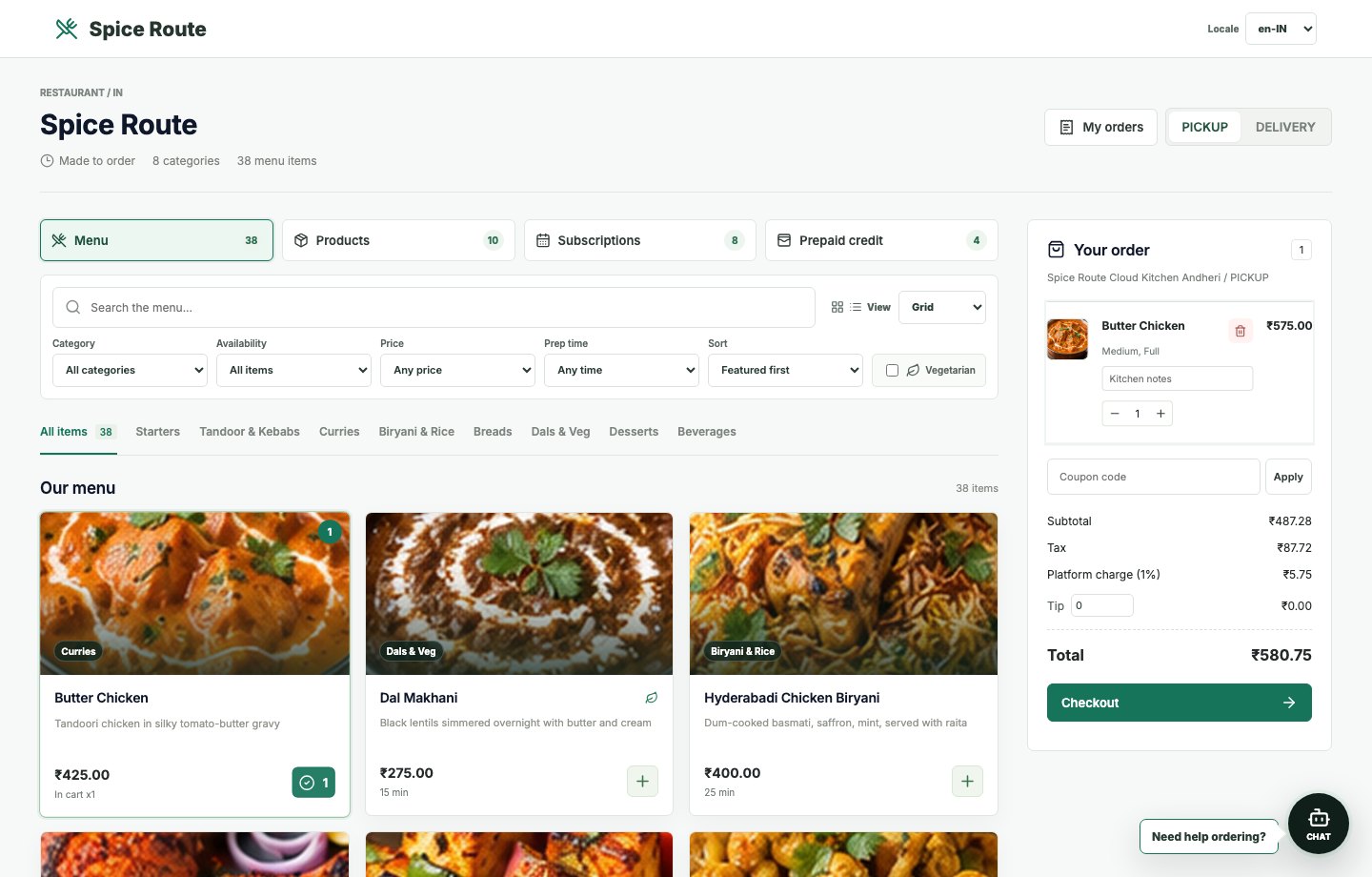 Restaurant 2050 Customer cart after menu selection