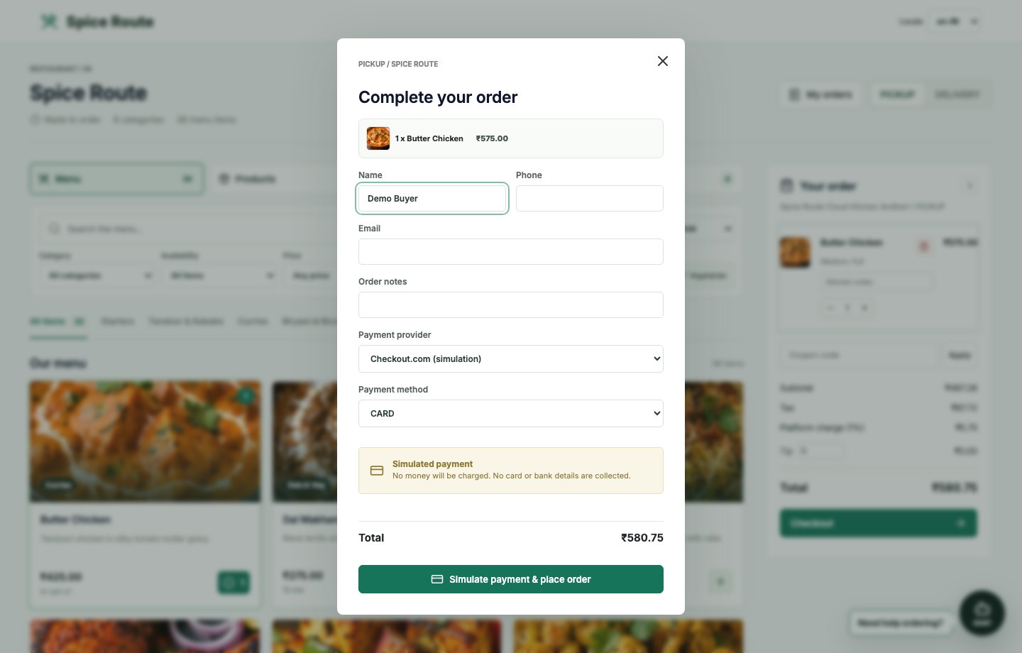 Restaurant 2050 Restaurant menu checkout