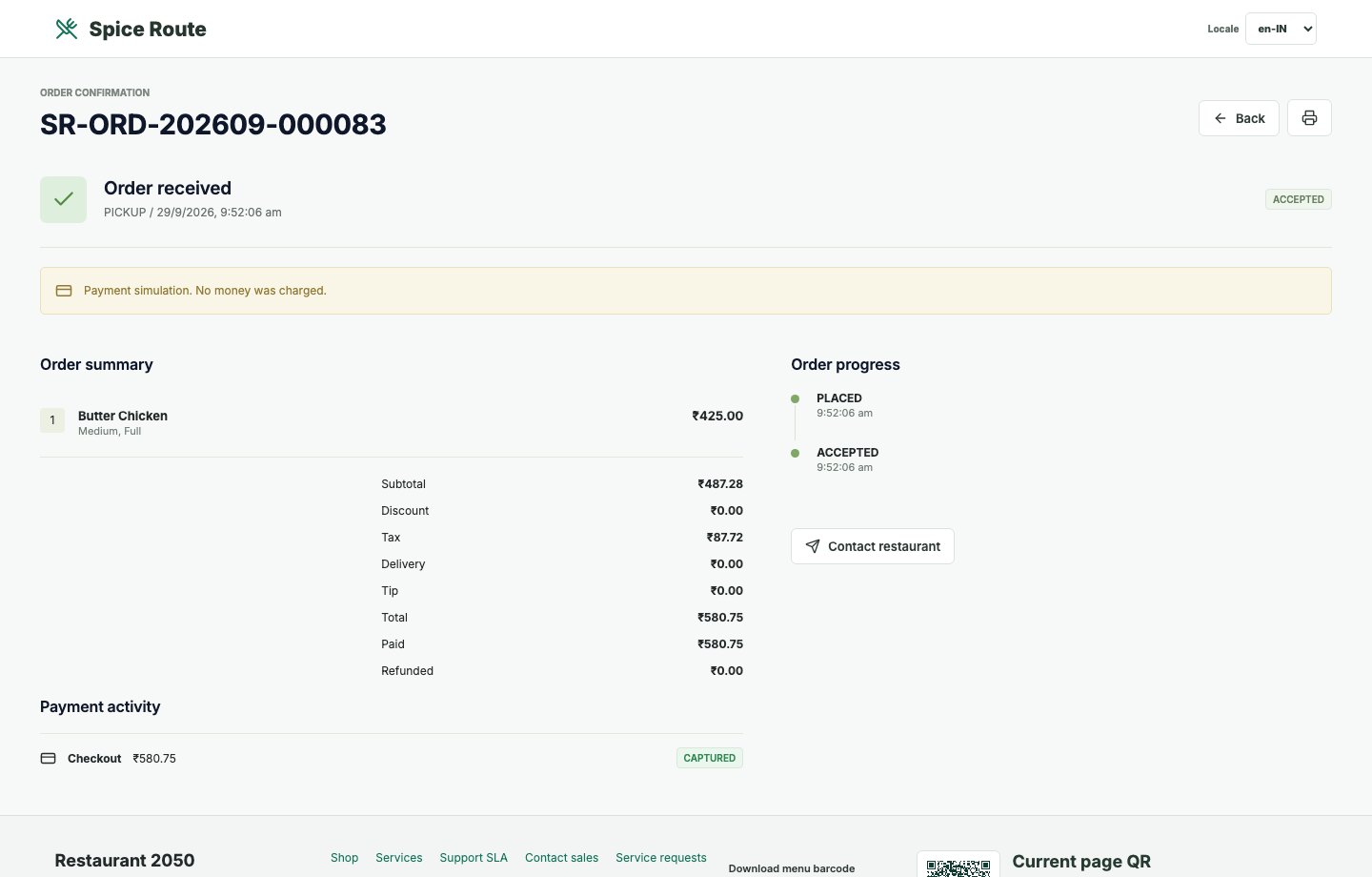 Restaurant 2050 Order confirmation and receipt