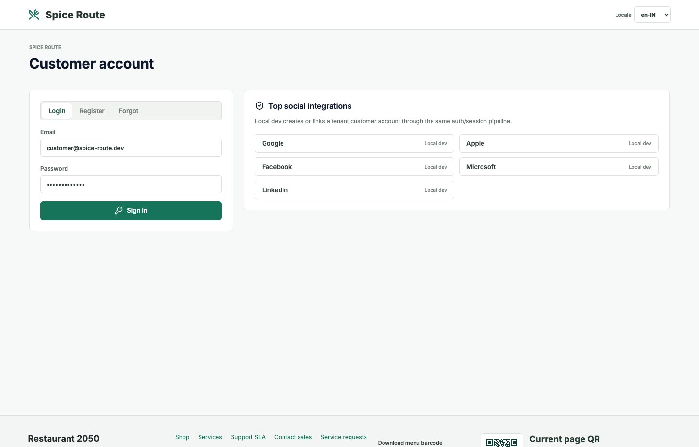 Restaurant 2050 Customer account and login surface