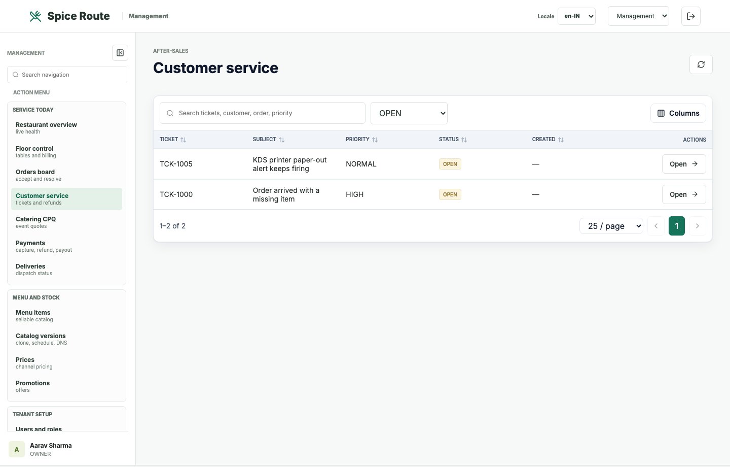 Restaurant 2050 Service desk and support
