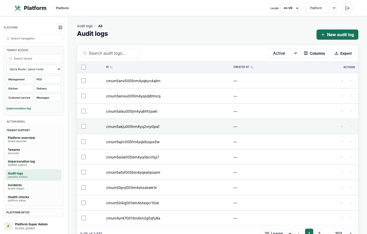 Restaurant 2050 Audit logs